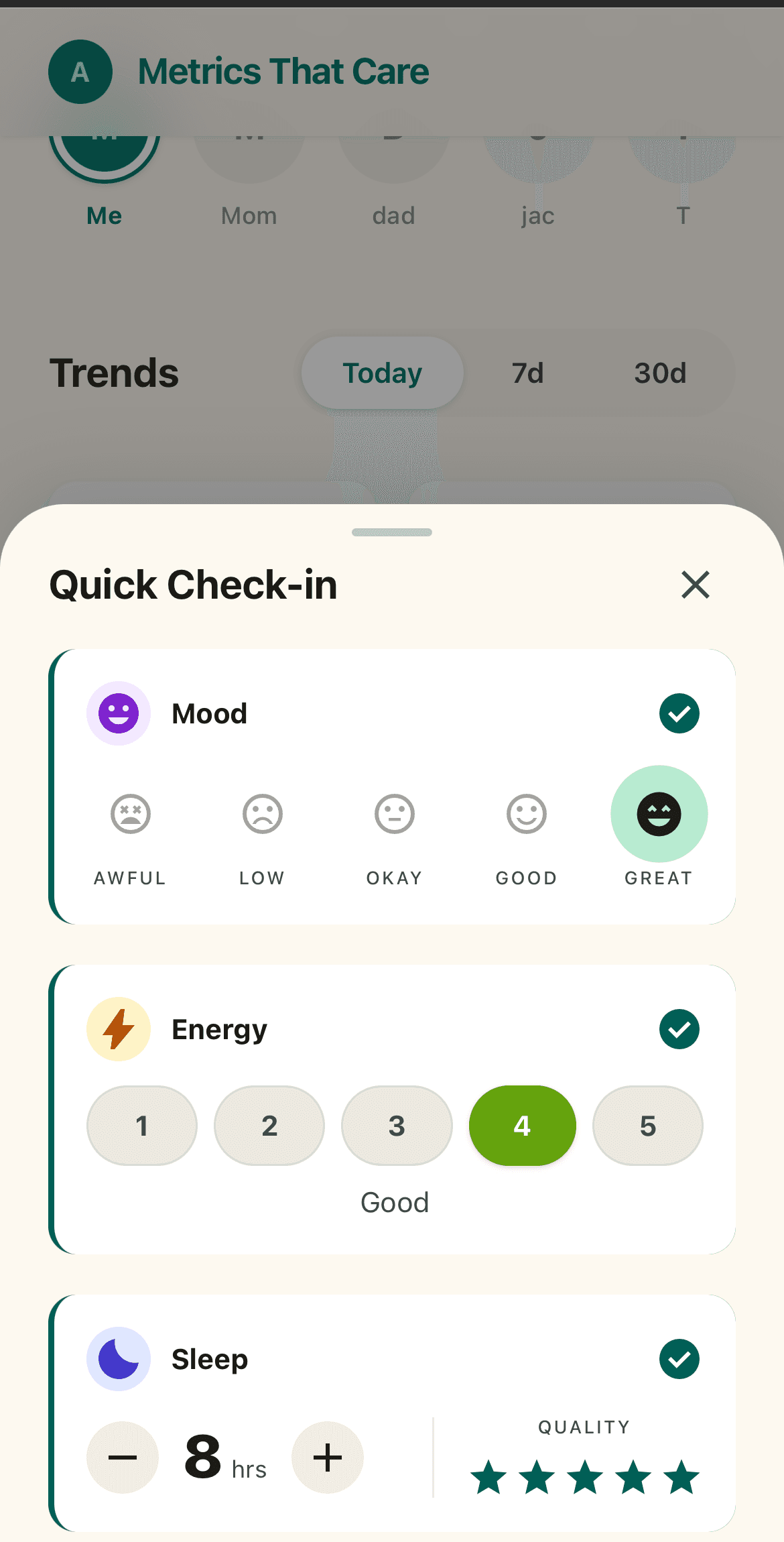 Quick check-in with mood, energy, and sleep tracking in one screen